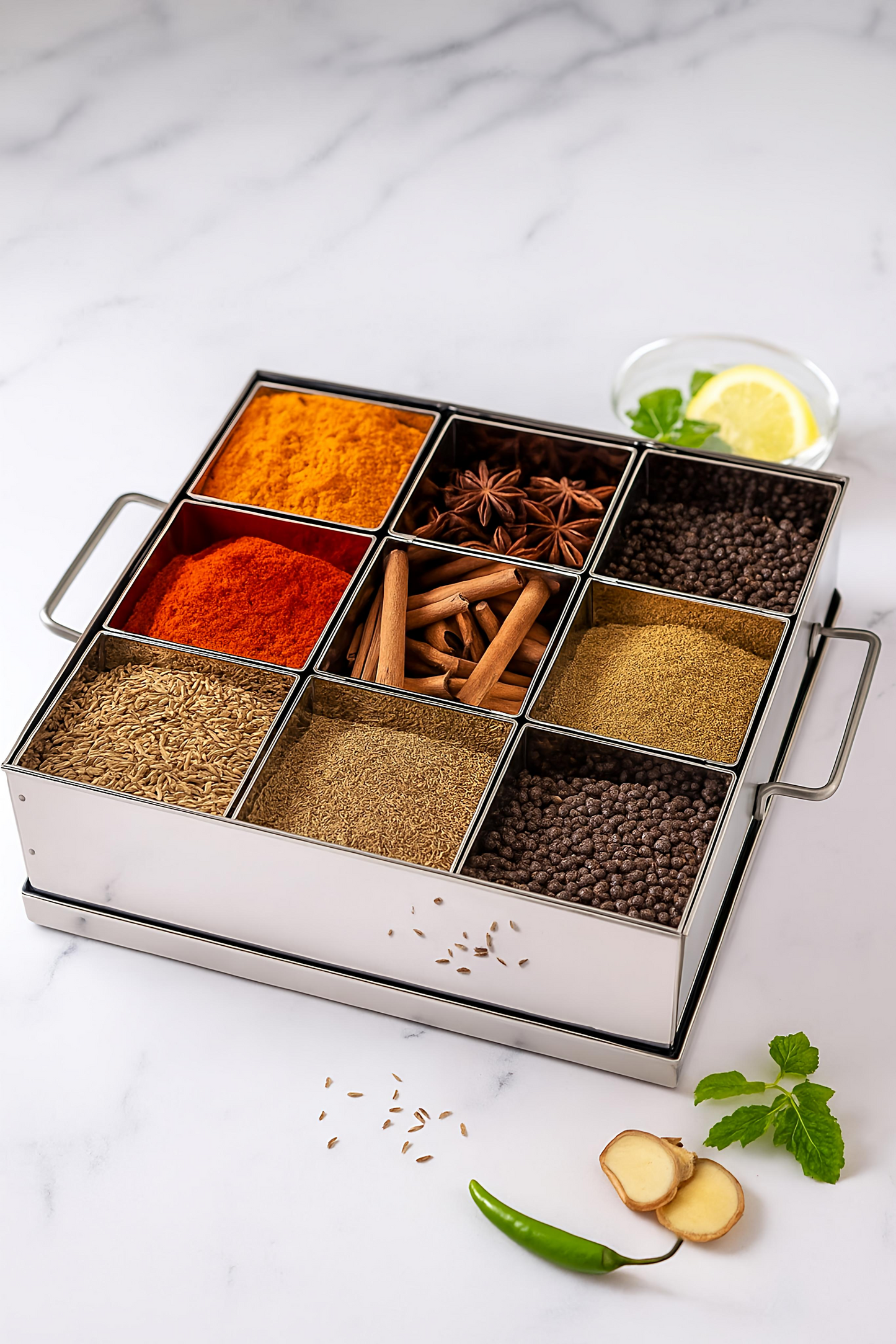Spice set with various spices in a metal organizer on a marble surface.