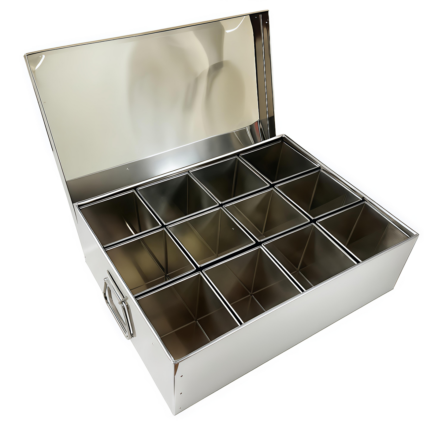 Stainless steel tea box with compartments on a white background