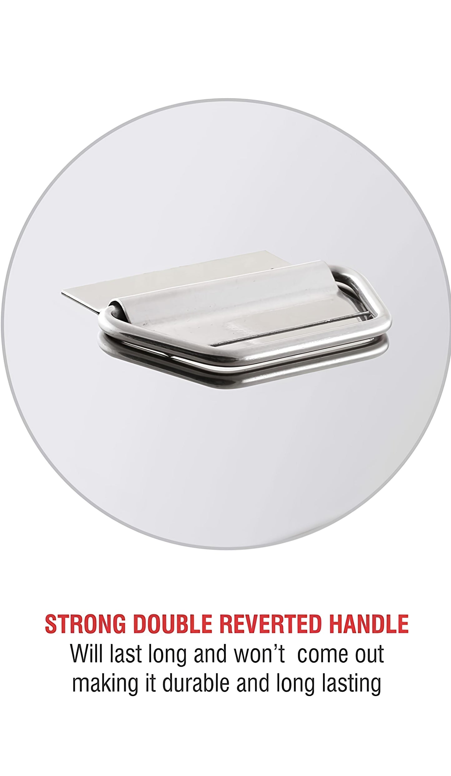 Strong double reverted handle on a white background with text highlighting durability.