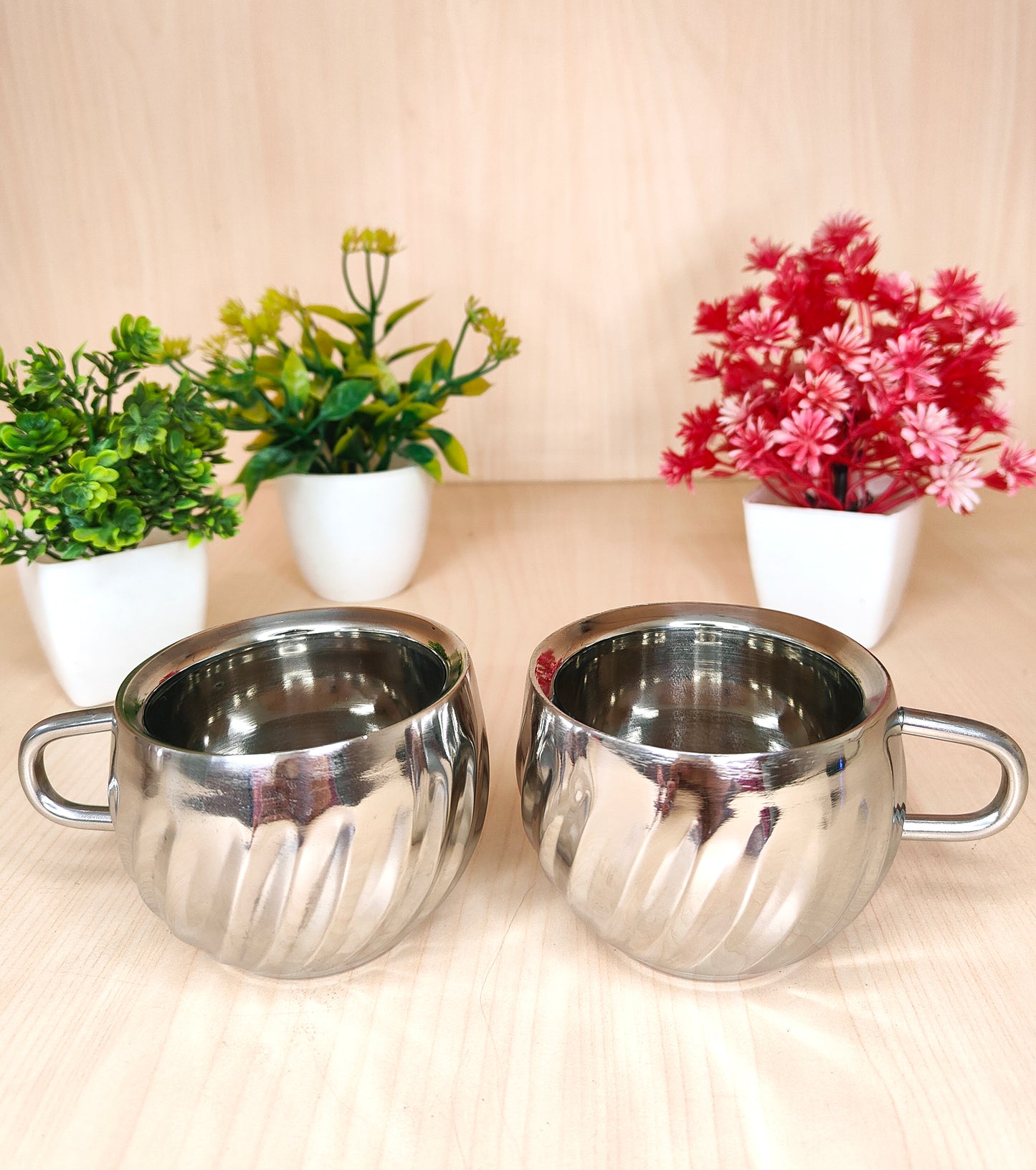 Stainless Steel Floral Design Tea Cup | Elegant Mirror Finish Cup Set