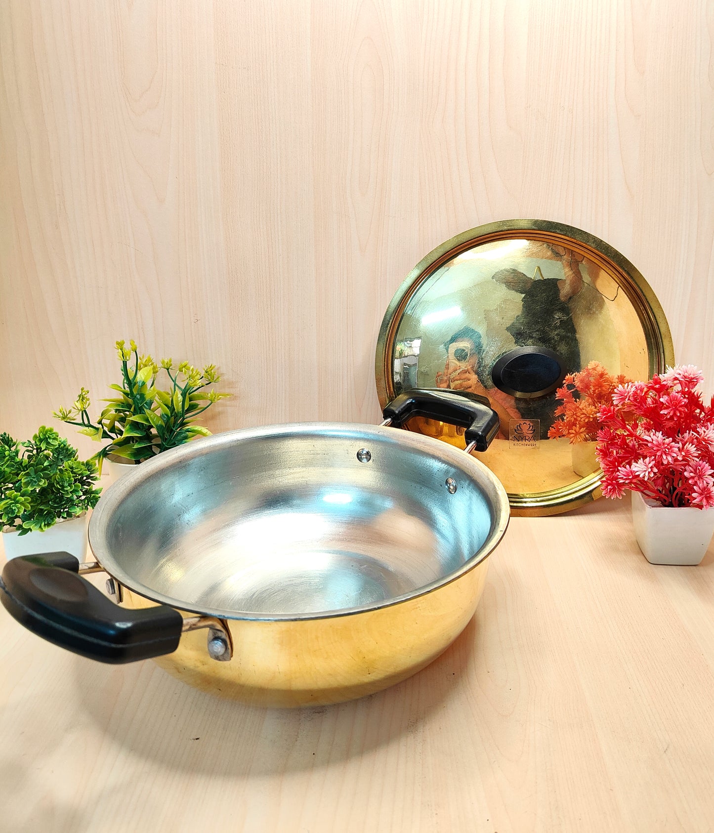 Traditional Brass Kadhai (Pital Wok) with Tin Lining & Lid | Healthy Indian Cookware