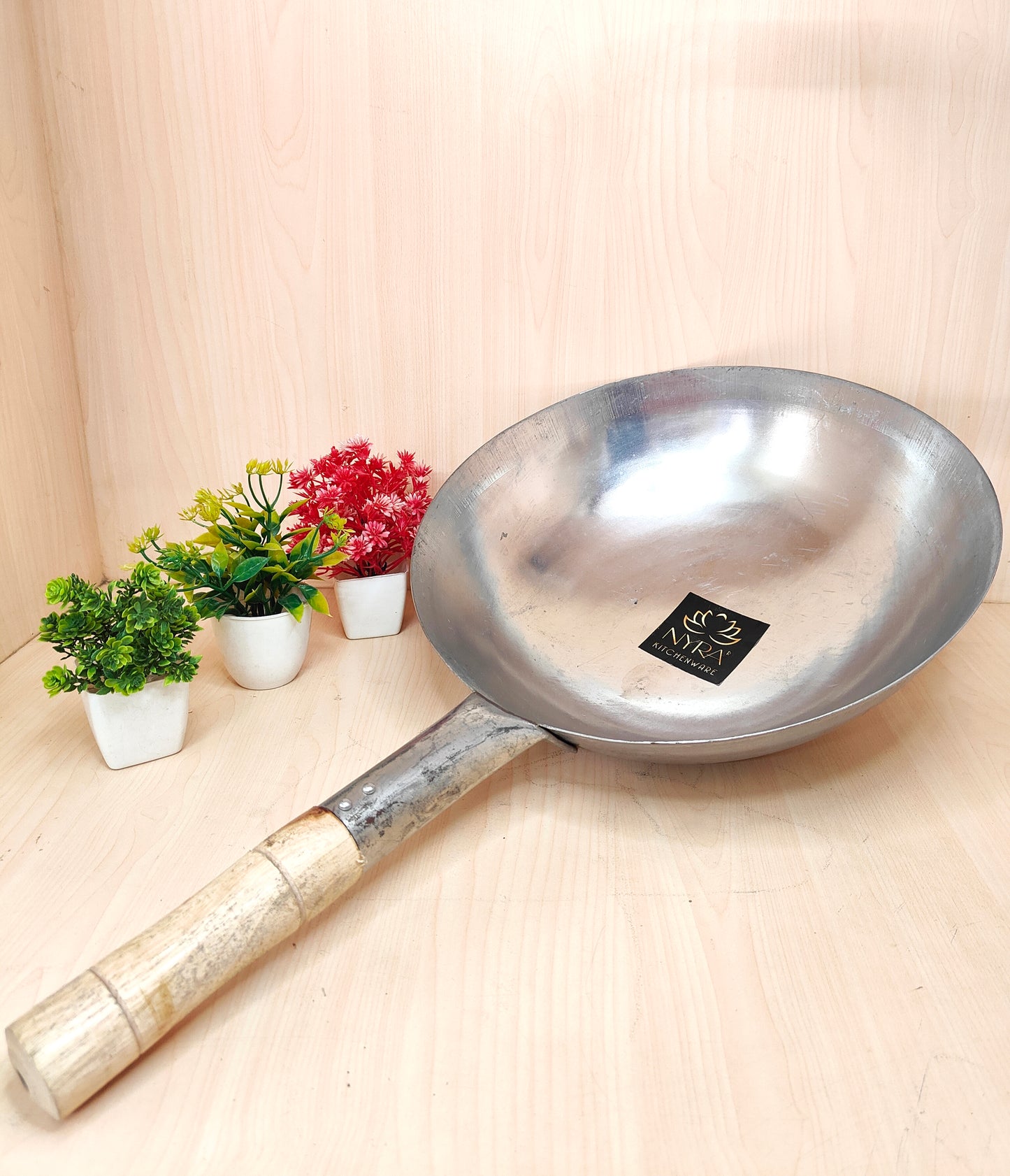 Iron Chinese Wok/Kadhai with Wooden Handle | Heavy-Duty Iron Kadai