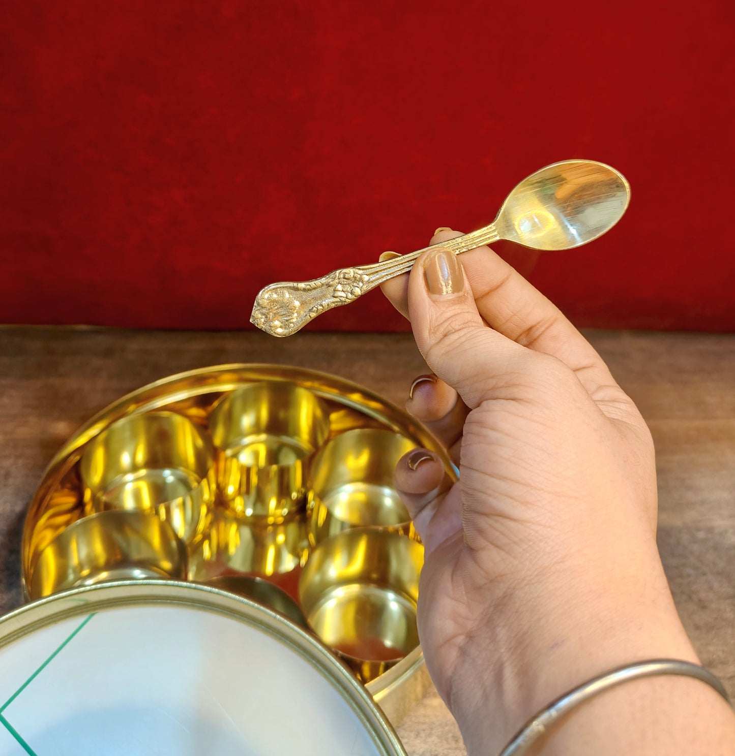 Brass Spice Box with see-through lid | Eco-Friendly & Handcrafted Masala Dabba with 7 Compartments - Traditional Kitchen Essential