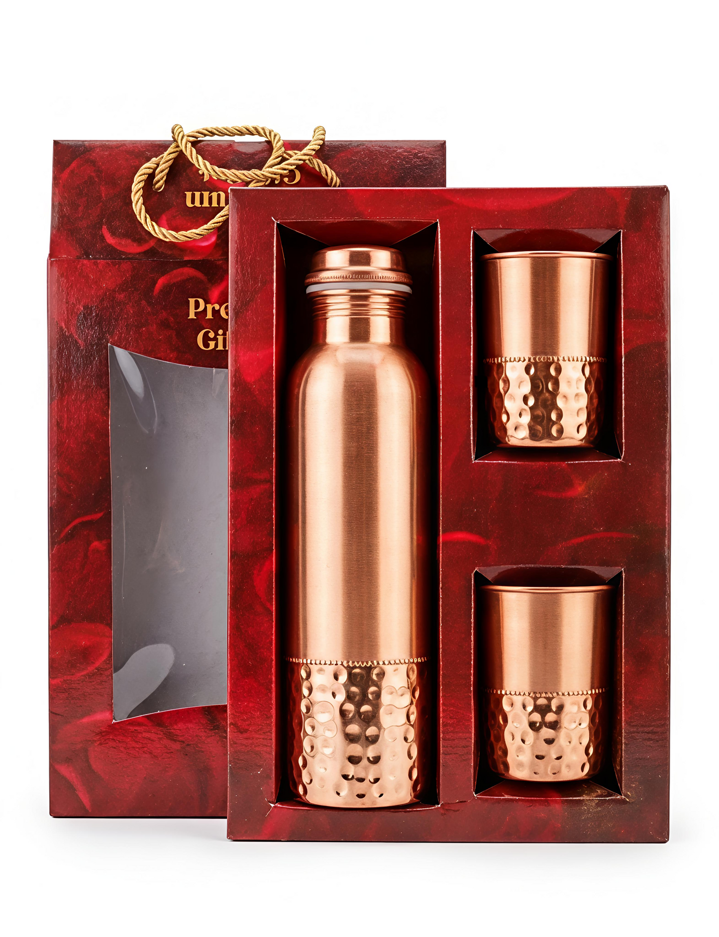 Pure Copper Water Bottle & 2 Glasses Gift Set | Jointless & Leak-Proof Ayurvedic Copper Drinkware – Dual Texture Hammered Finish
