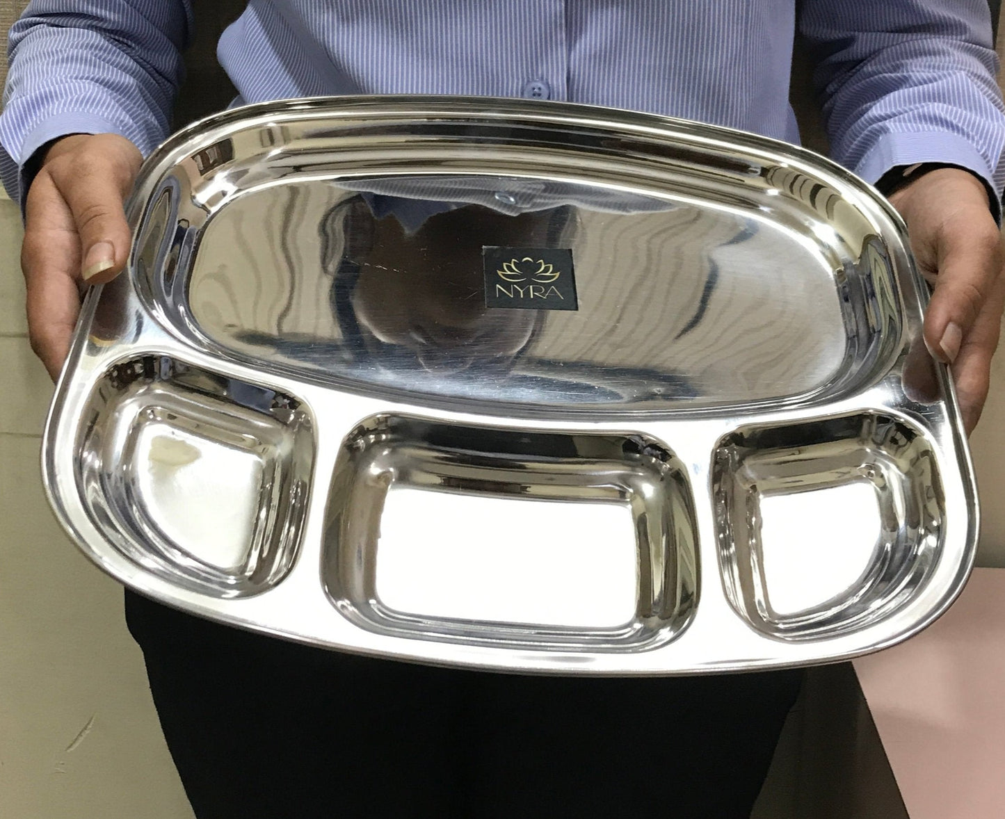 Stainless-Steel rectangle-shaped Bhojan Thali | Sturdy 4 in 1 compartments | Glossy finish Dosa Thali