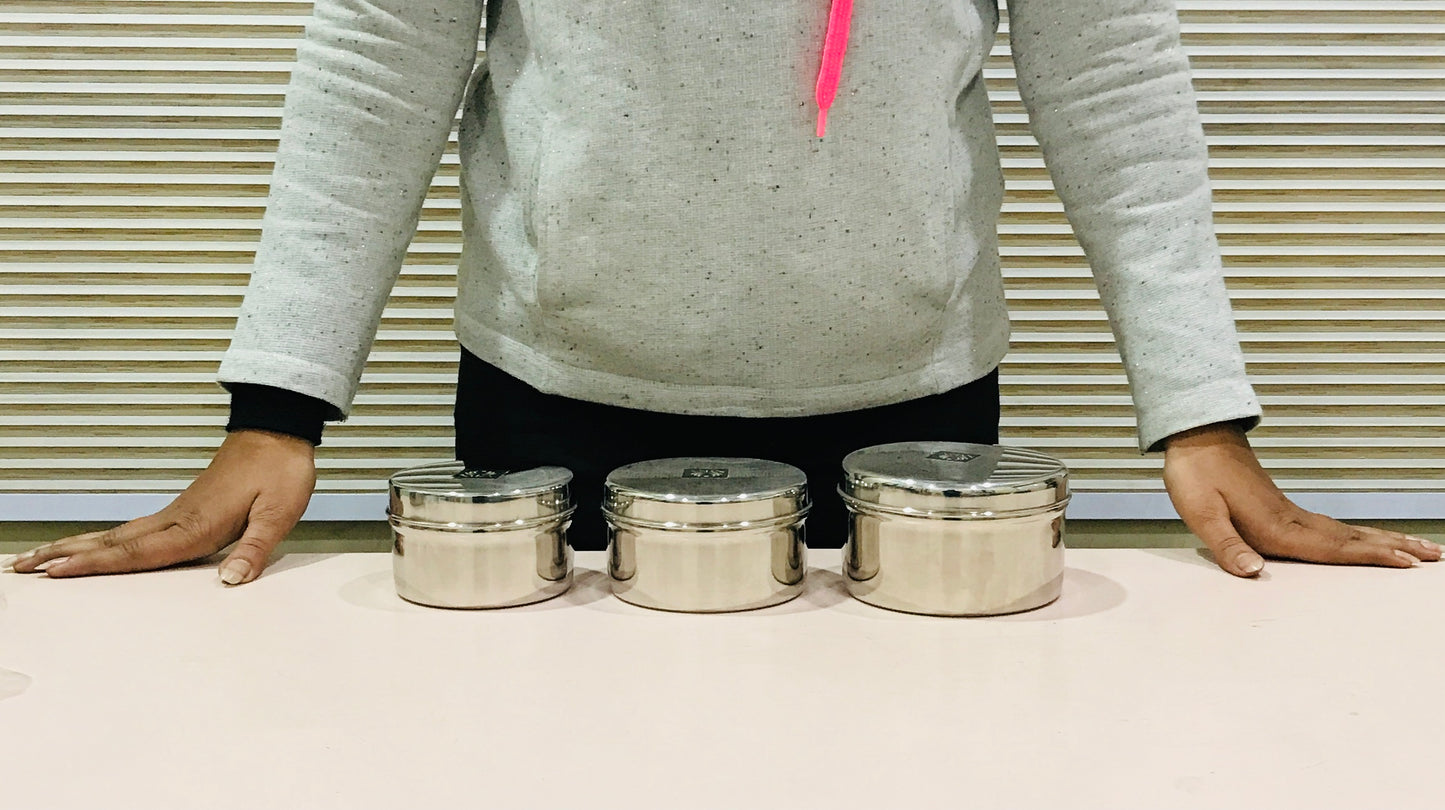 Stainless-Steel Box Round Storage Container (Gol Dibbi/Dabba)- Set of 3