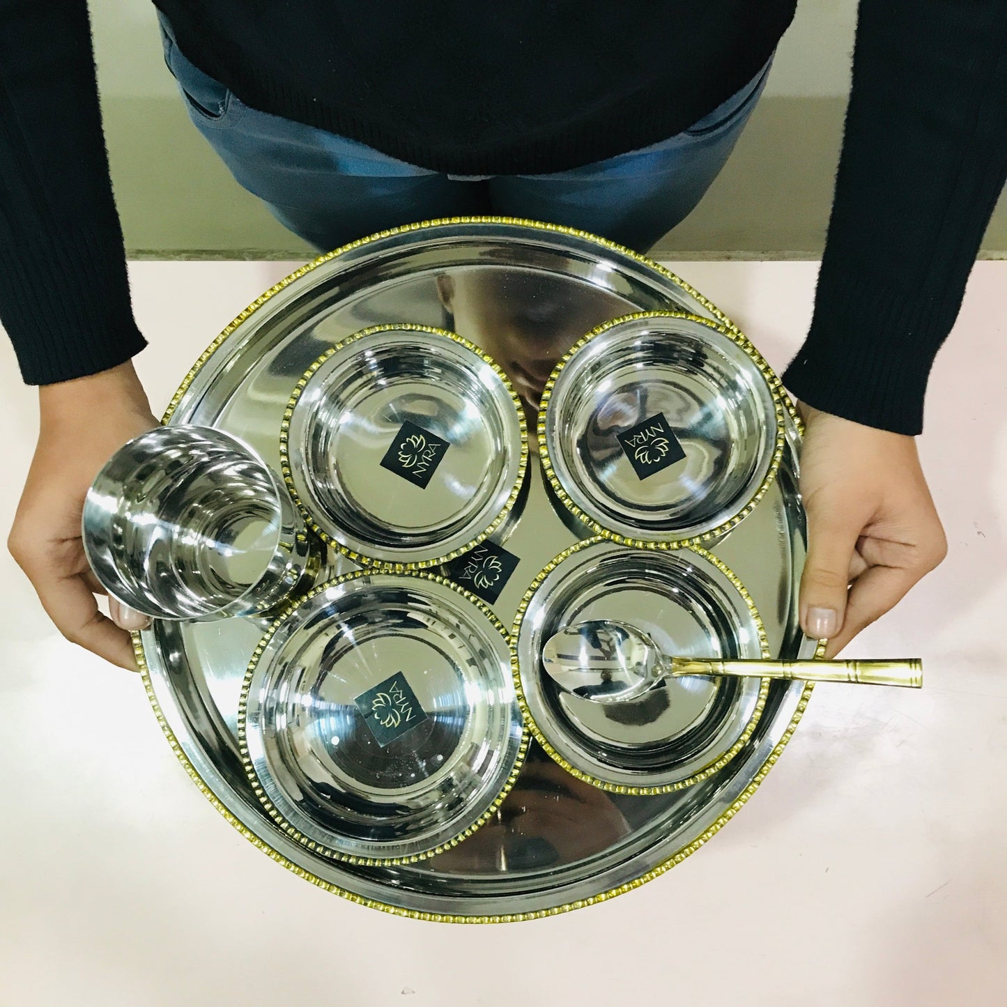 Stainless-Steel Two-Tone Thali Set with Brass detailing – 7 Pcs Set