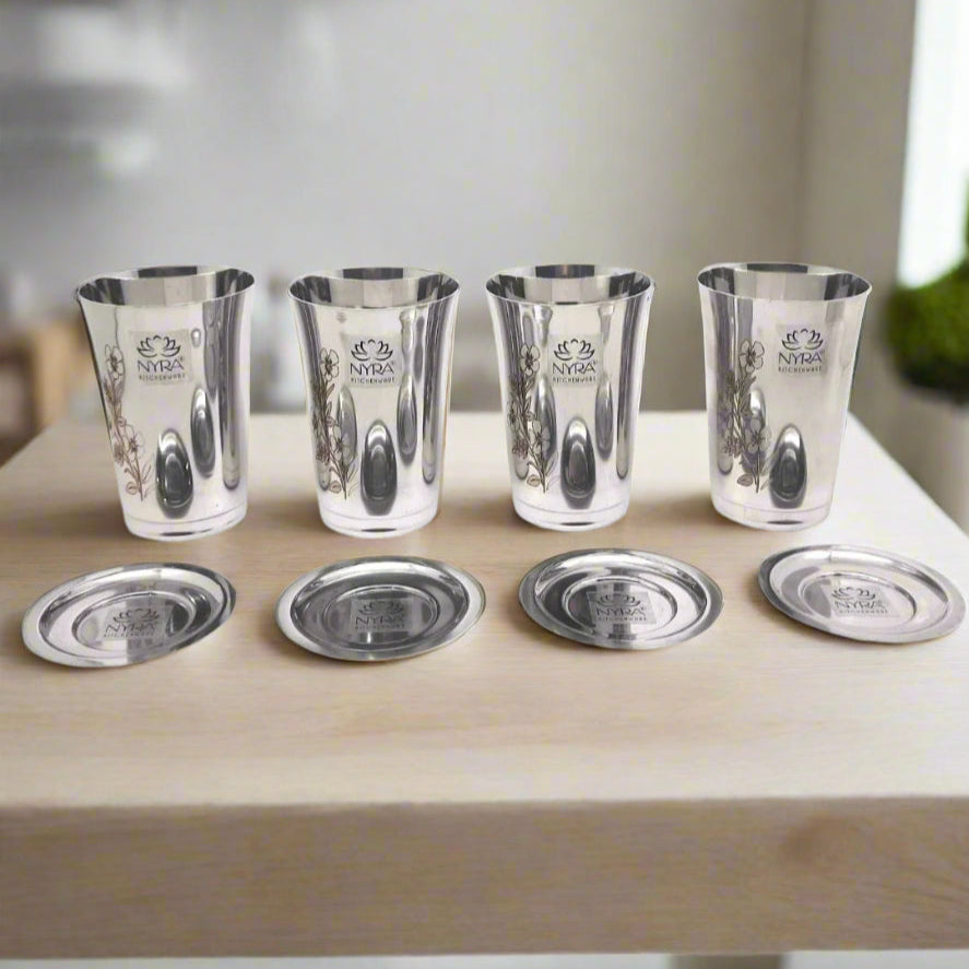 Stainless Steel Floral Print Glass Set with Lid