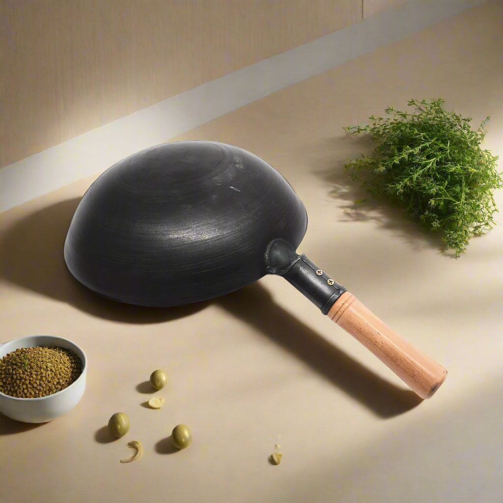 base view of Loha Kadhai (Iron Wok) with Wooden Handle