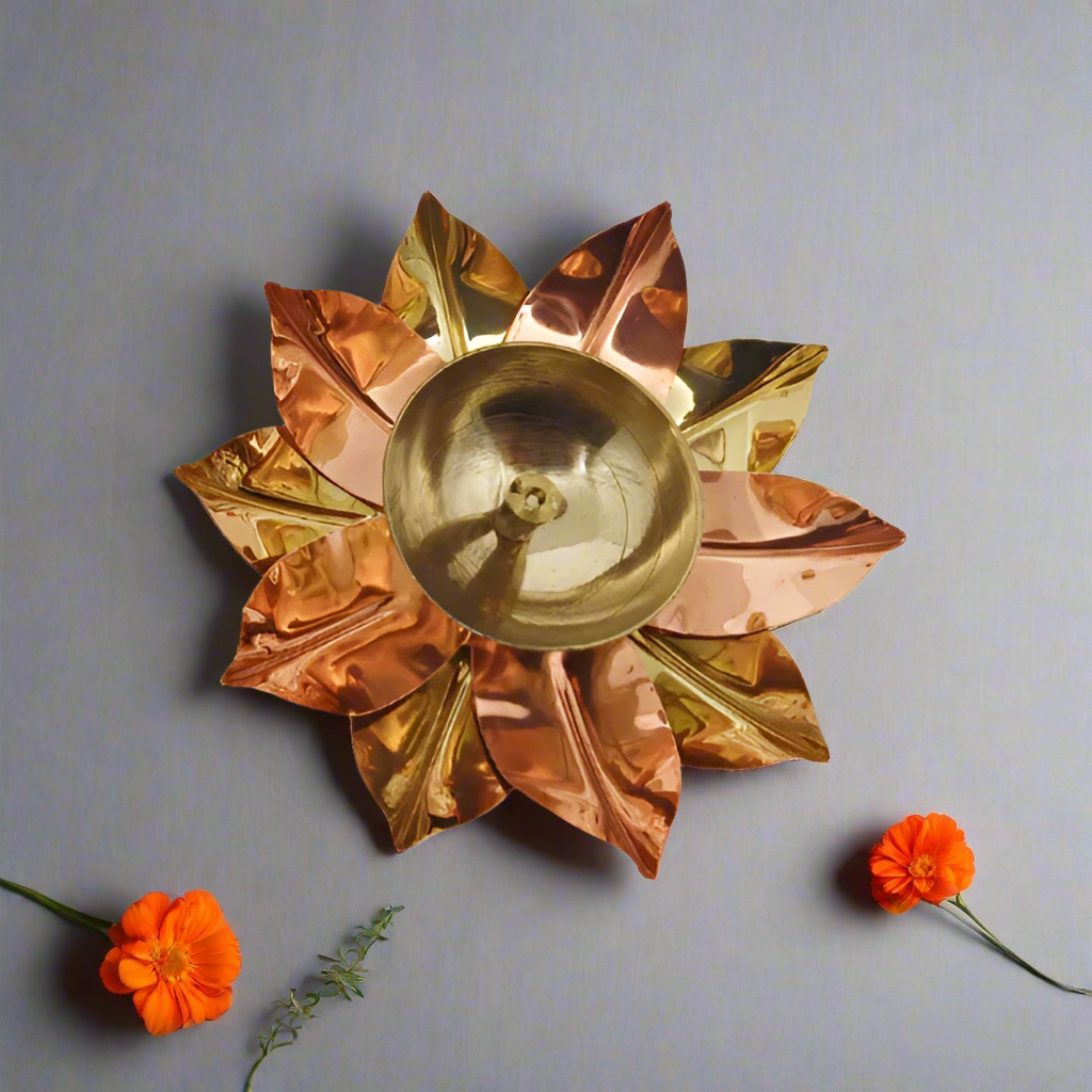 Beautiful Brass Diya with Dual Tone Petals - 2 Sizes