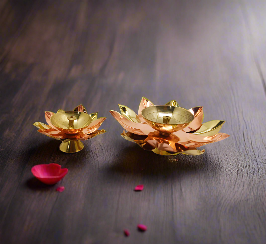 Beautiful Brass Diya with Dual Tone Petals - 2 Sizes