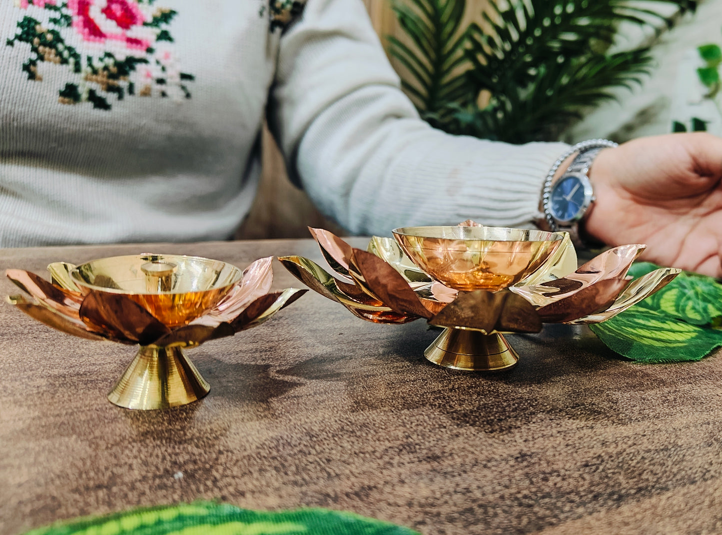 Brass Diya with Dual Tone Petals available in two sizes