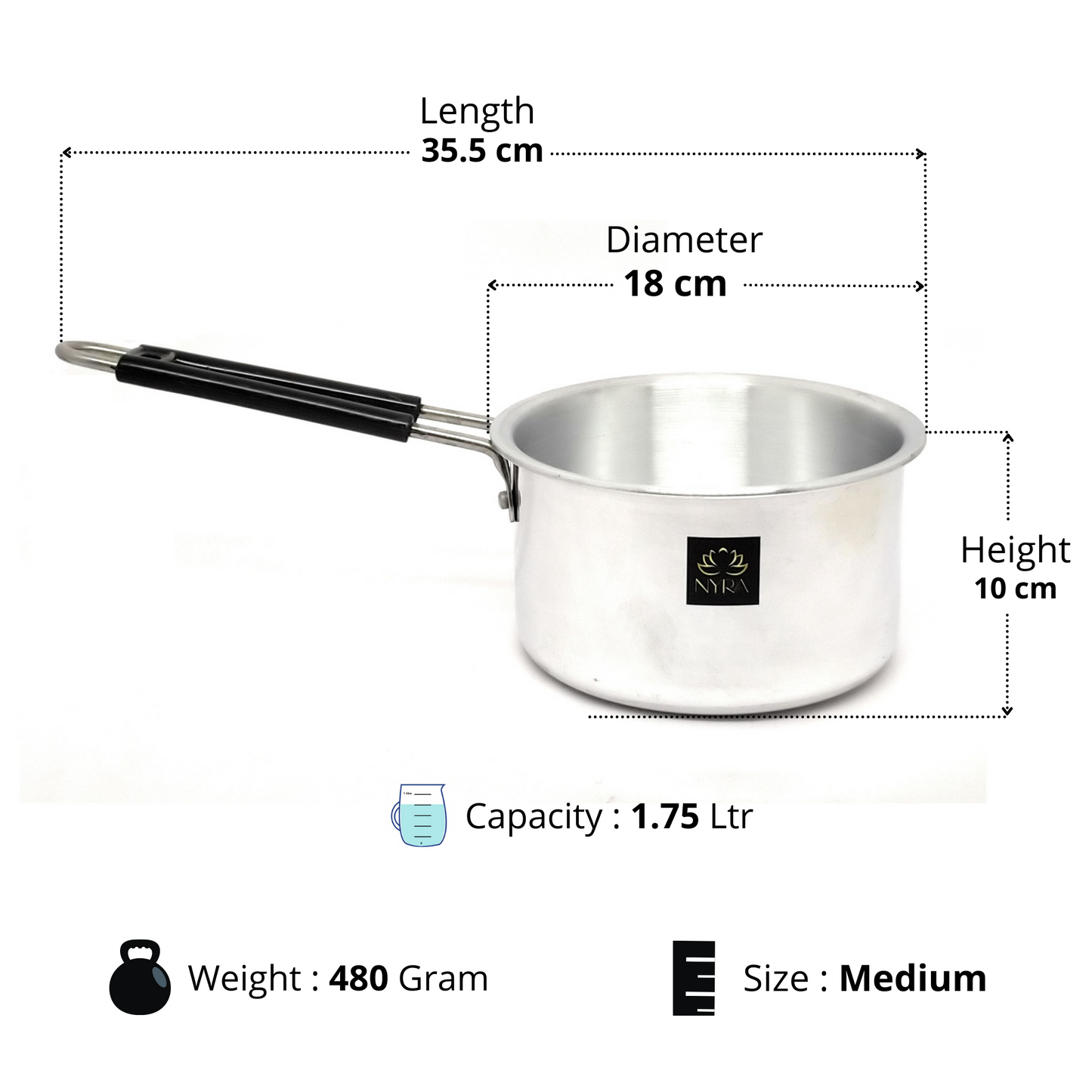 Measurement chart of a silver pot with dimensions and features on a white background
