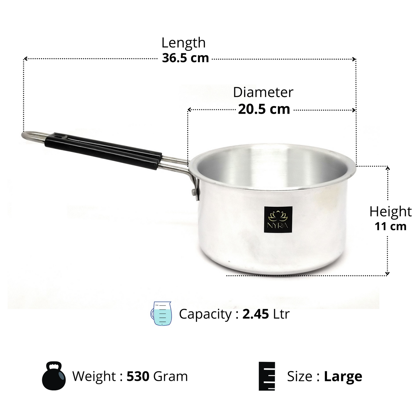 Measurement chart of a silver pot with dimensions and features on a white background
