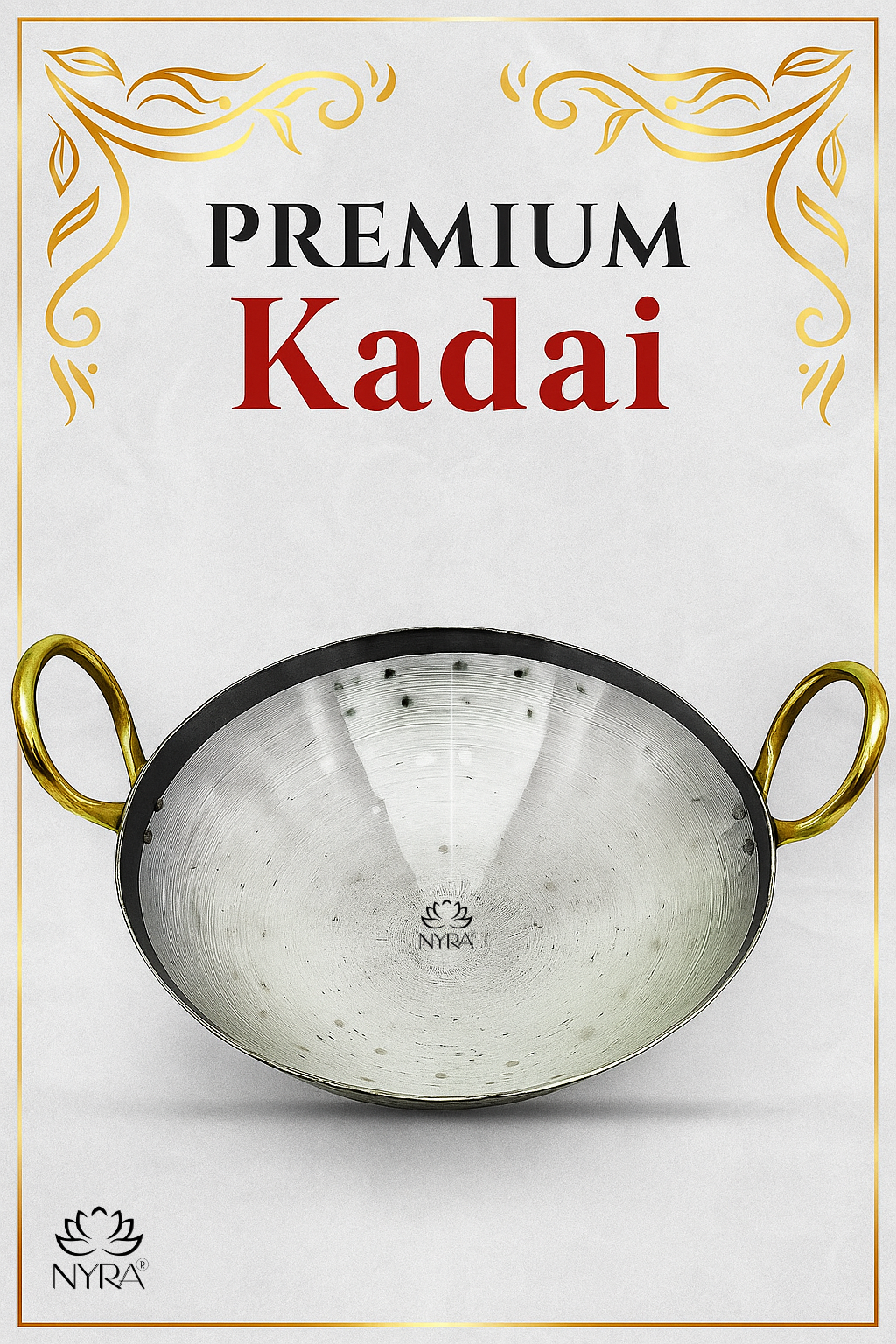 Premium kadai with gold handles on a white background, featuring the Nyra brand.