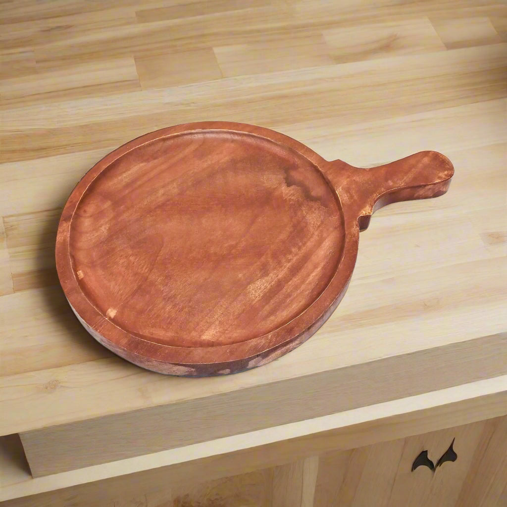 Wooden Pizza Serving Bat with Handle | Round Pizza Platter - Serving & Cutting