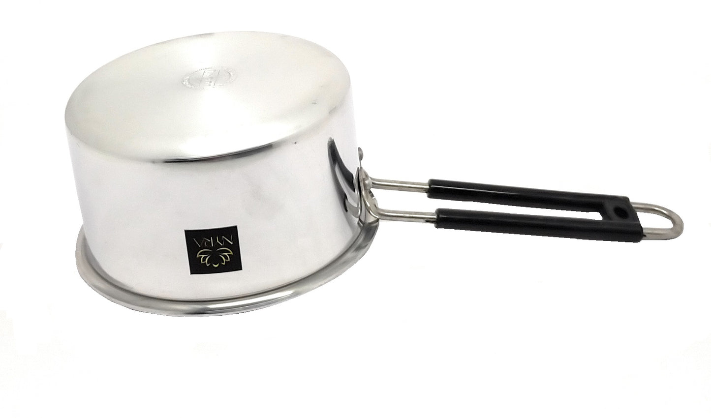 Stainless steel saucepan with black handle on a white background