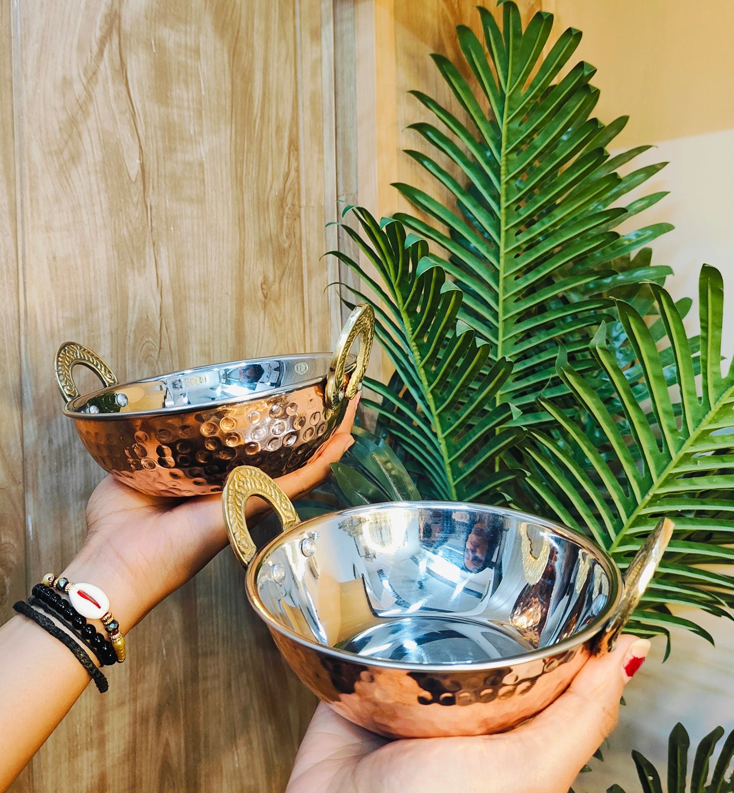 Copper Serving Kadhai/Wok Insulated with Stainless Steel | Hammered Tableware for Homes, Restaurants & Hotels