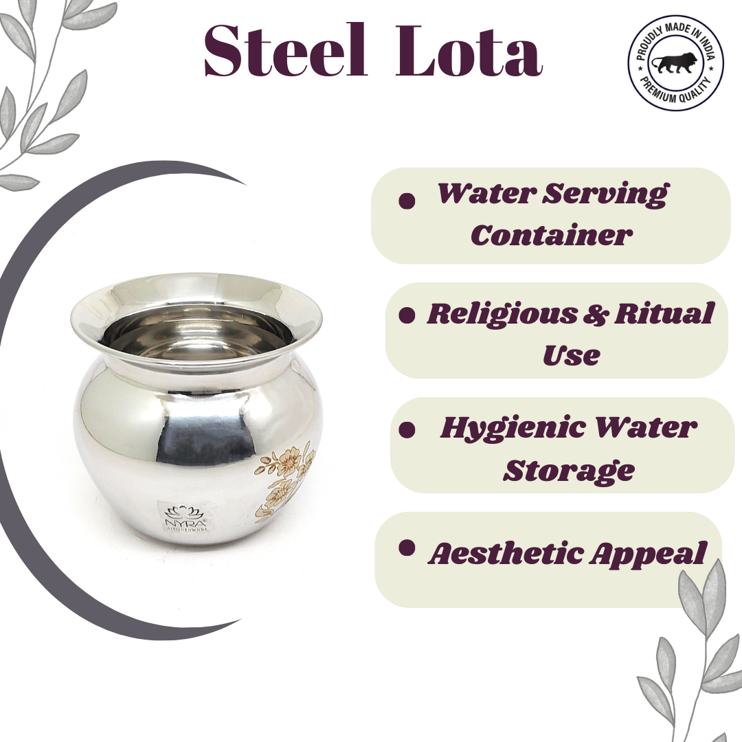 Stainless Steel Laser Printed Lota | Steel Multipurpose Kalash