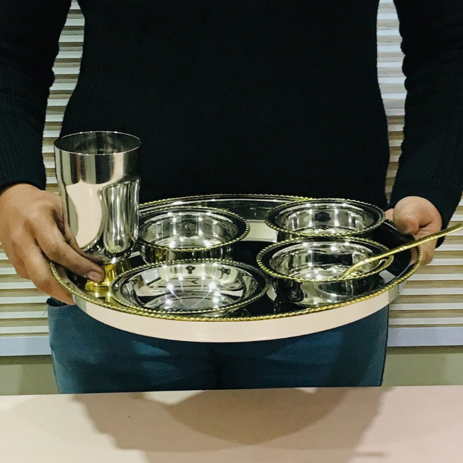 Stainless-Steel Two-Tone Thali Set with Brass detailing – 7 Pcs Set