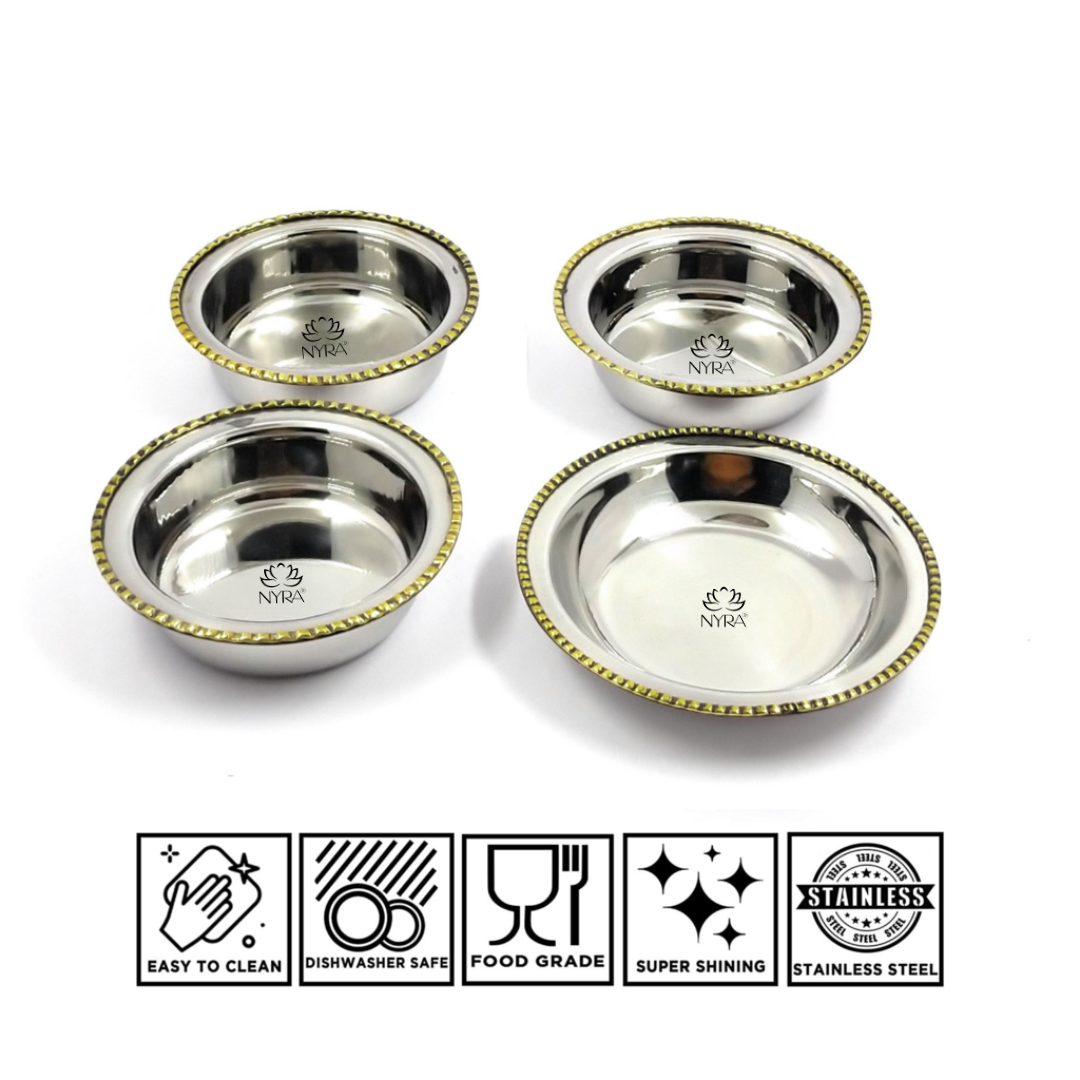 Stainless-Steel Two-Tone Thali Set with Brass detailing – 7 Pcs Set