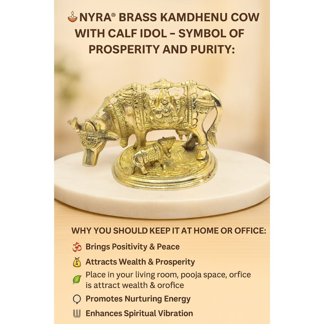 Pure Brass Kamdhenu Cow and Calf Idol | Handcrafted Gau Mata Statue with Detailed Carvings - Vastu & Pooja Decorative Showpiece