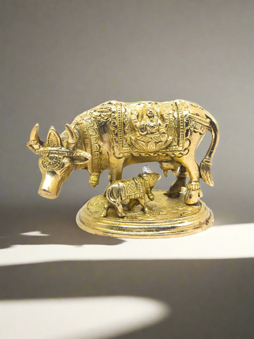 Pure Brass Kamdhenu Cow and Calf Idol | Handcrafted Gau Mata Statue with Detailed Carvings - Vastu & Pooja Decorative Showpiece