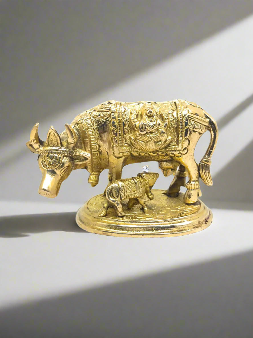 Pure Brass Kamdhenu Cow and Calf Idol | Handcrafted Gau Mata Statue with Detailed Carvings - Vastu & Pooja Decorative Showpiece