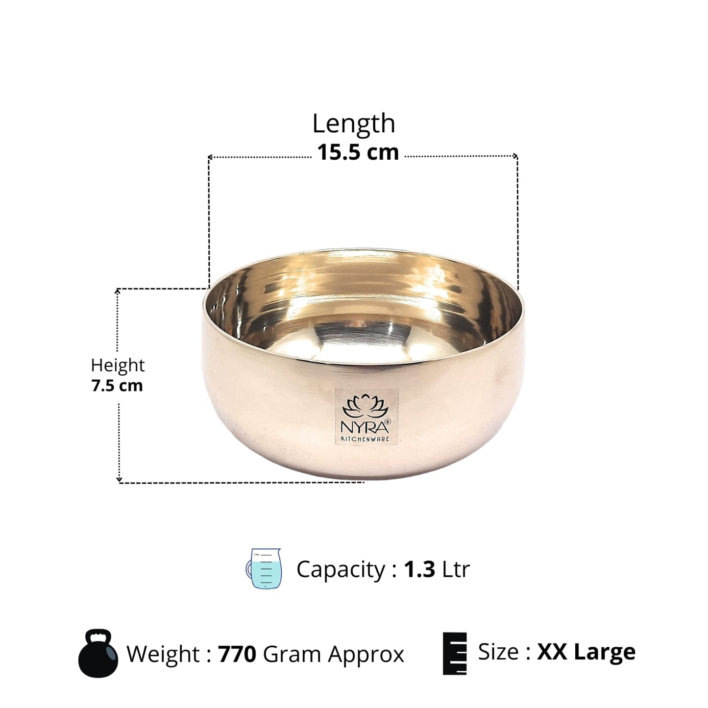 Brass bowl with dimensions, capacity, weight, and size information on a white background