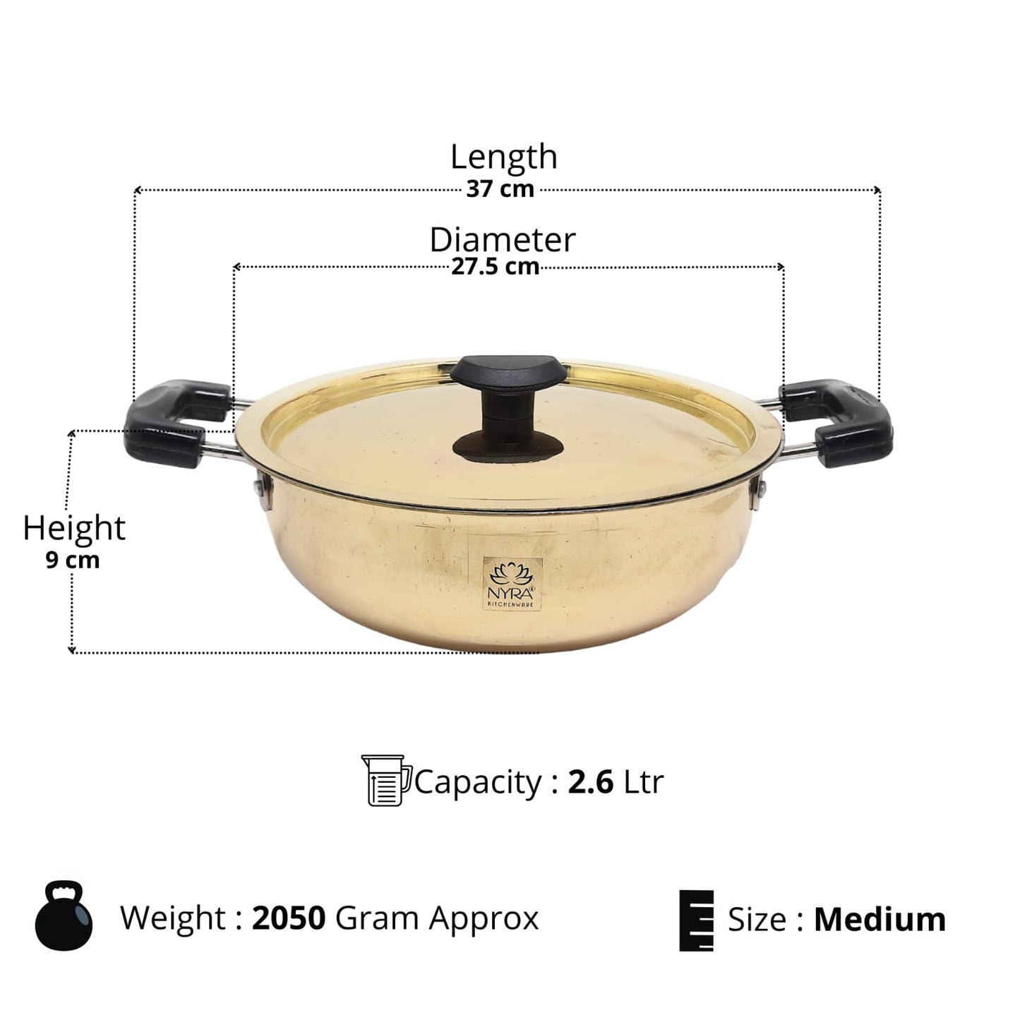 Measurement chart of a gold-colored cookware item with dimensions and specifications.