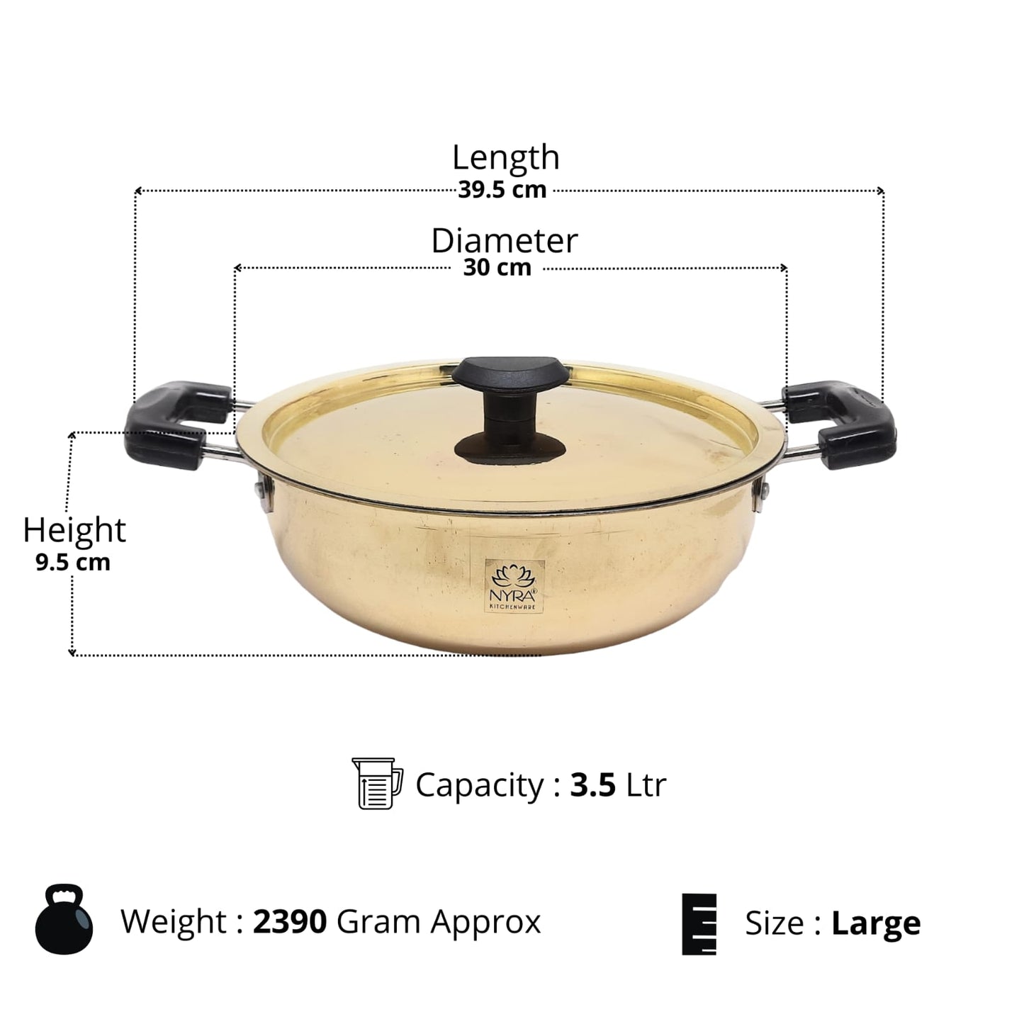 Gold-colored cookware with dimensions and specifications on a white background