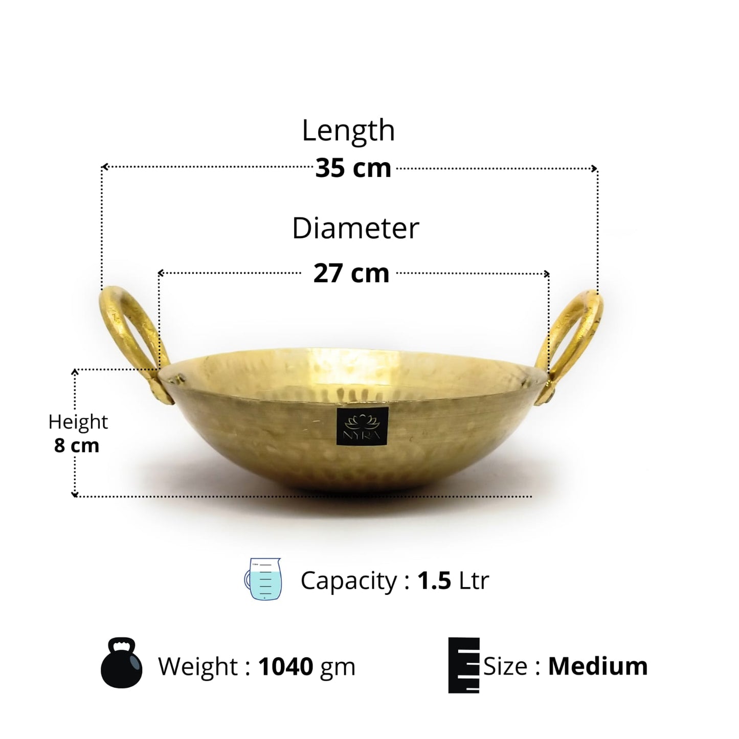 Brass bowl with measurements and details on a white background