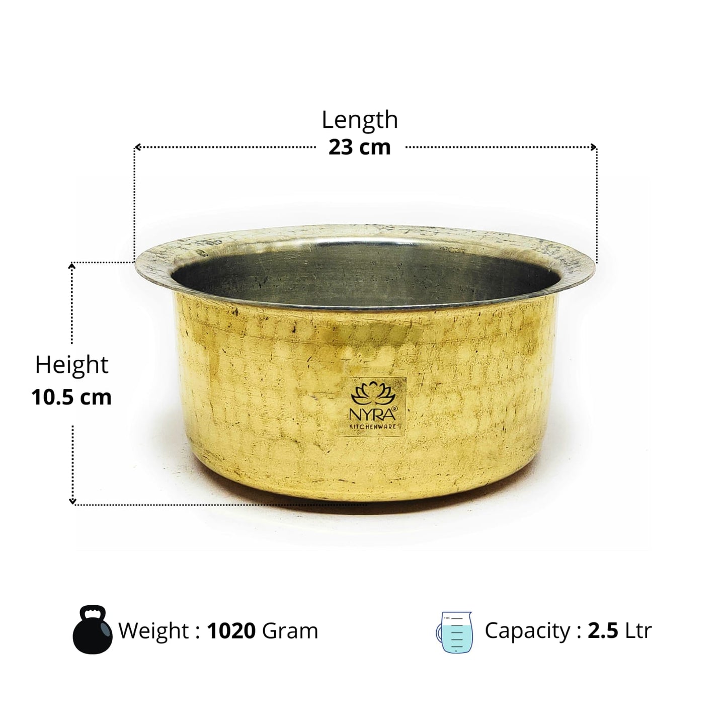 Brass pot with dimensions, weight, and capacity on a white background