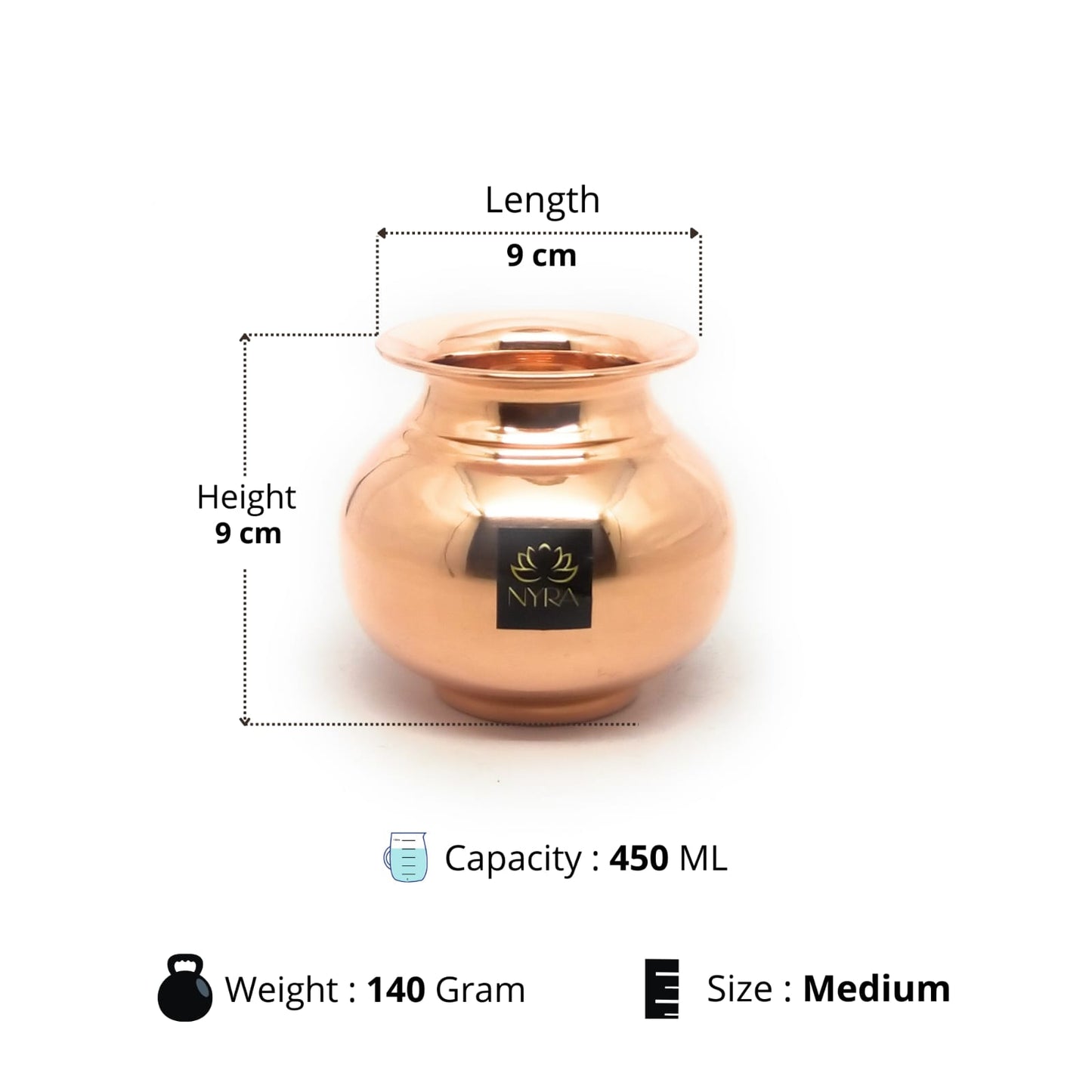 Copper pot with dimensions and specifications on a white background