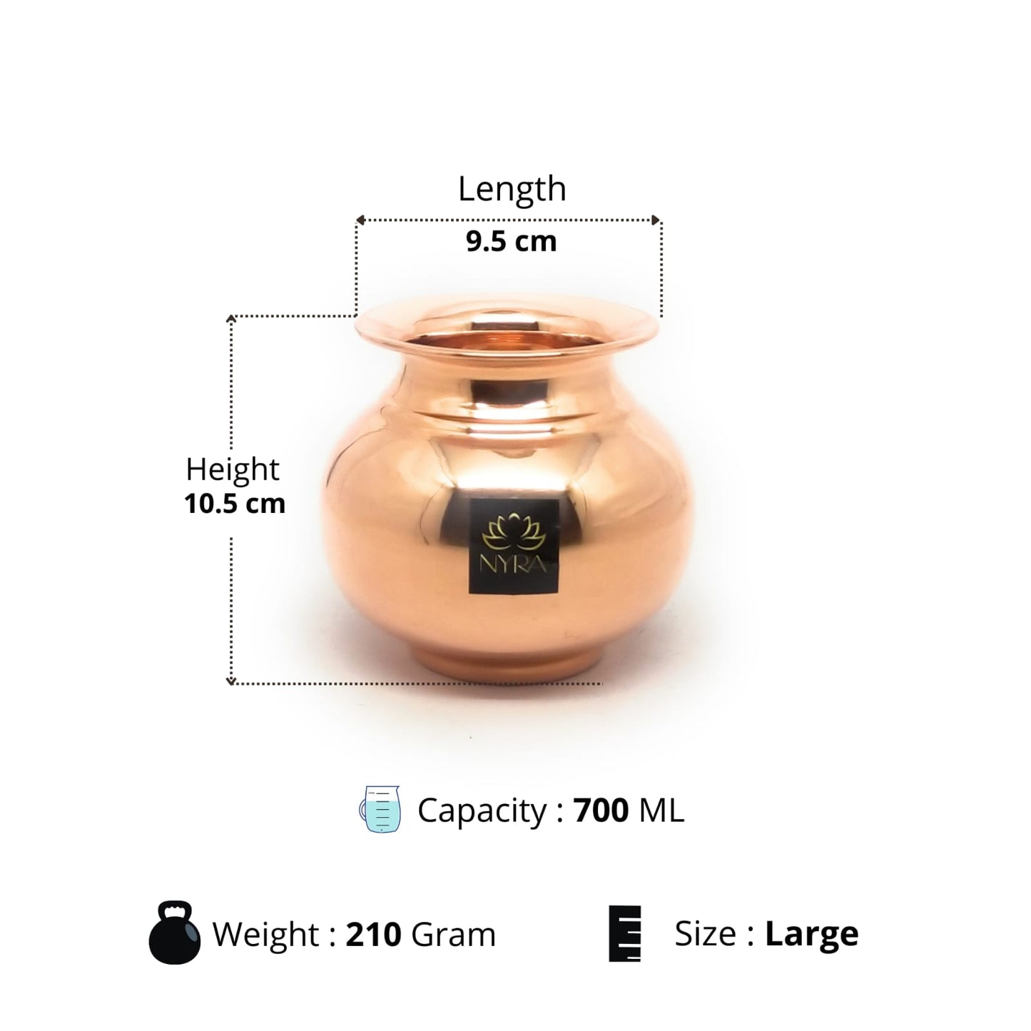 Copper pot with dimensions and capacity details on a white background