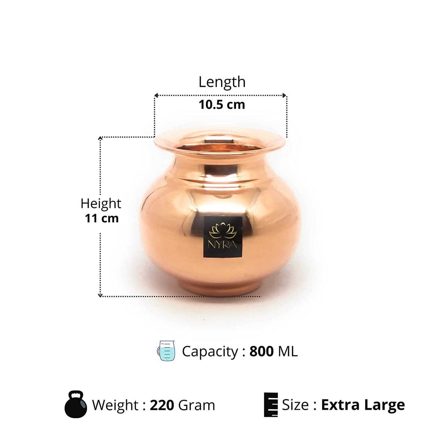 Copper pot with dimensions and weight details on a white background