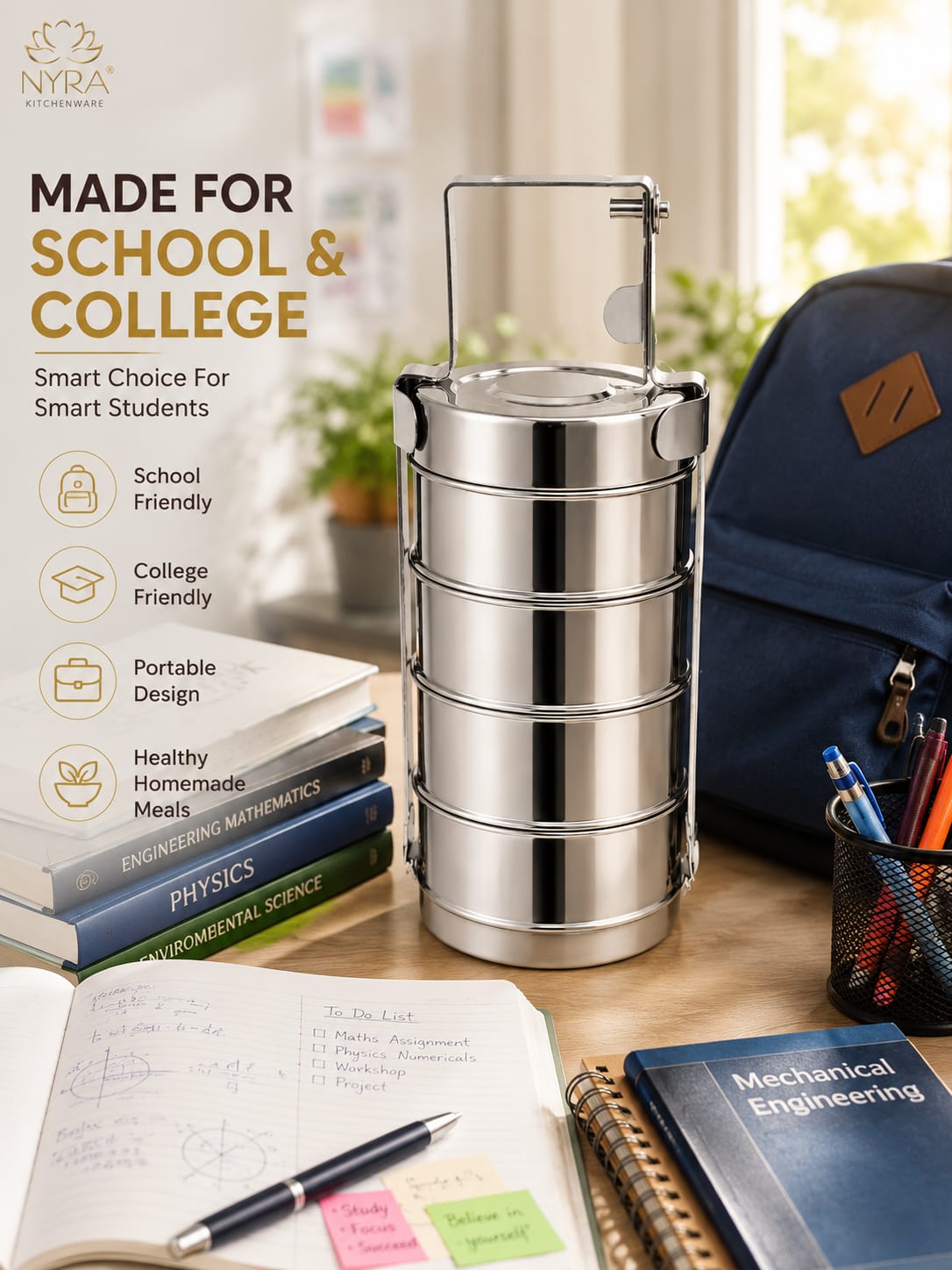 Stainless Steel 4-Tier Tiffin Box | Food Grade Lunch Box with Clip Carrier