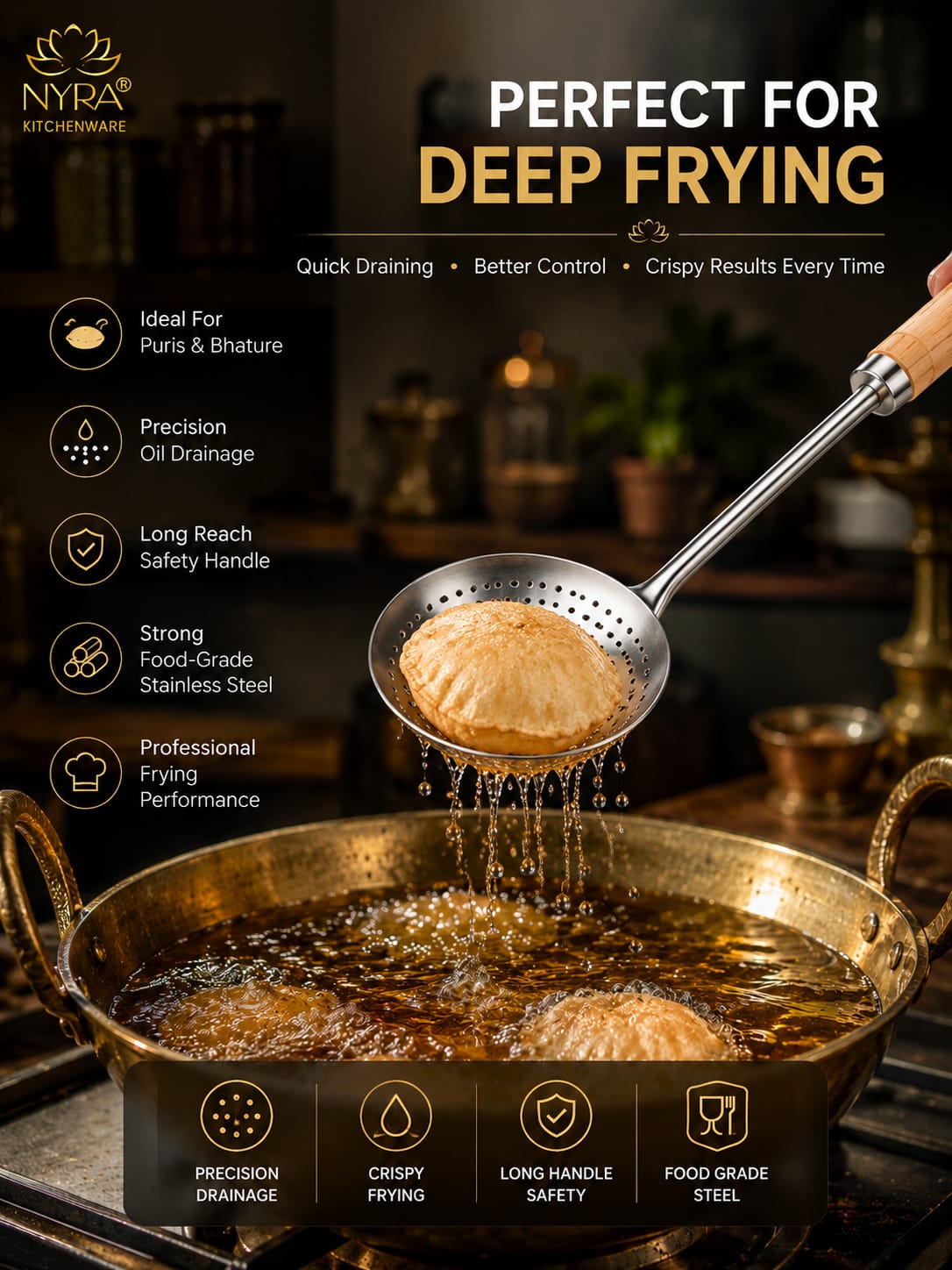 Deep Fry Strainer Mesh | Deep Fry Jhara /Skimmer | Puri Strainer with wooden handle - set of 3 |