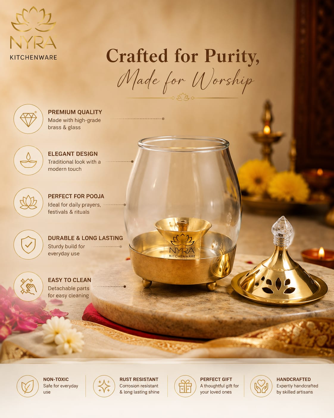 Brass Traditional Diya Stand with Clear Fiberglass Cover/Borosilicate Glass