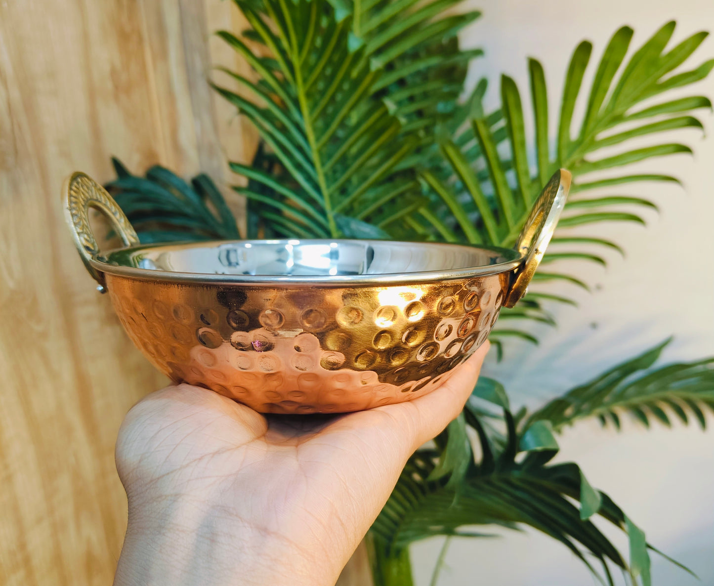 Copper Serving Kadhai/Wok Insulated with Stainless Steel | Hammered Tableware for Homes, Restaurants & Hotels
