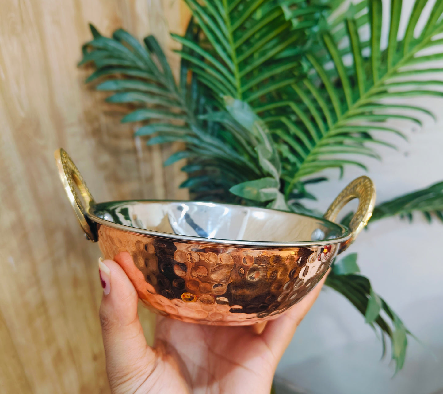 Copper Serving Kadhai/Wok Insulated with Stainless Steel | Hammered Tableware for Homes, Restaurants & Hotels