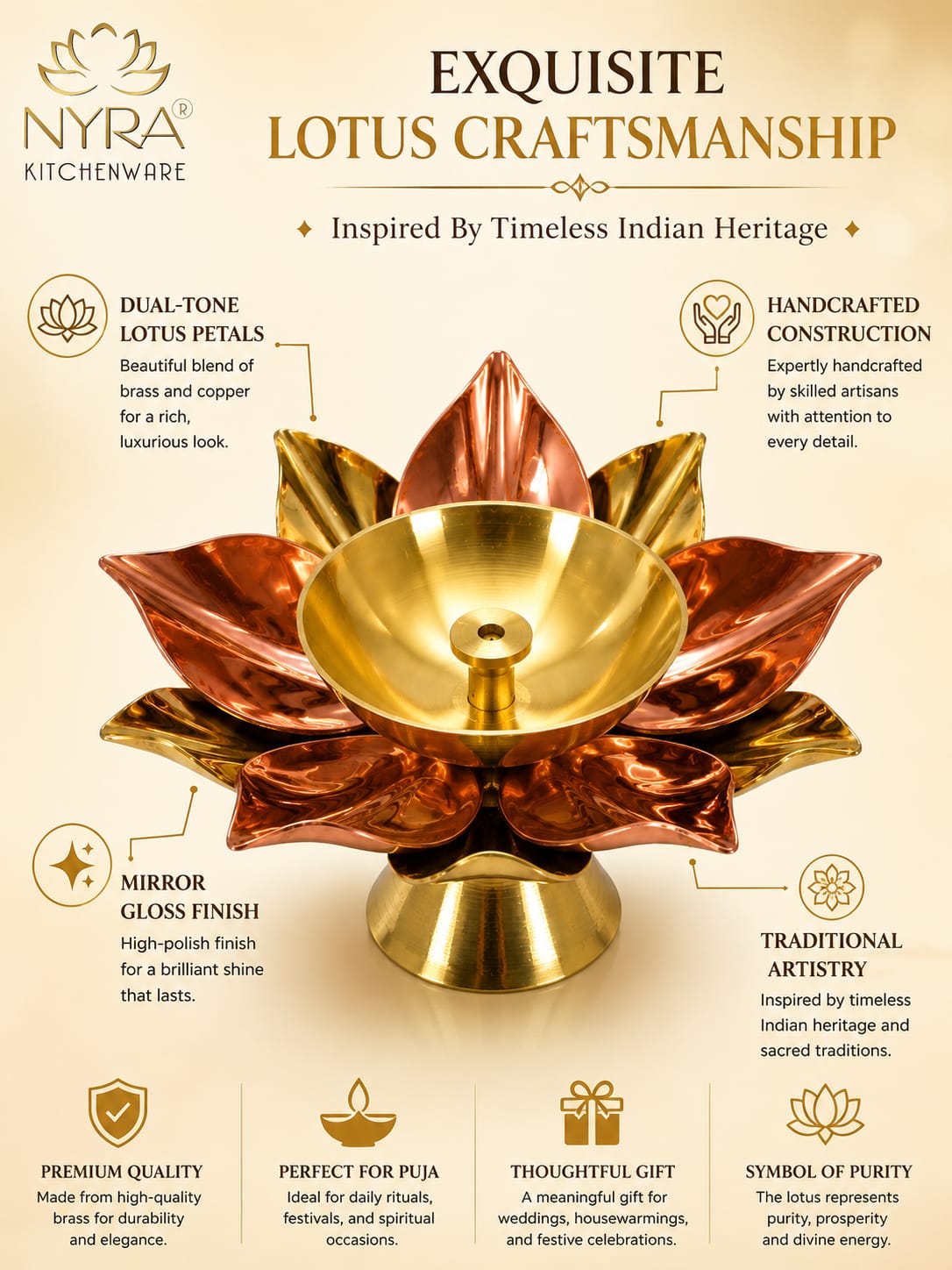 Brass Lotus Kamal Diya | Premium Handmade Akhand Oil Lamp - Pooja Brass Diya Stand