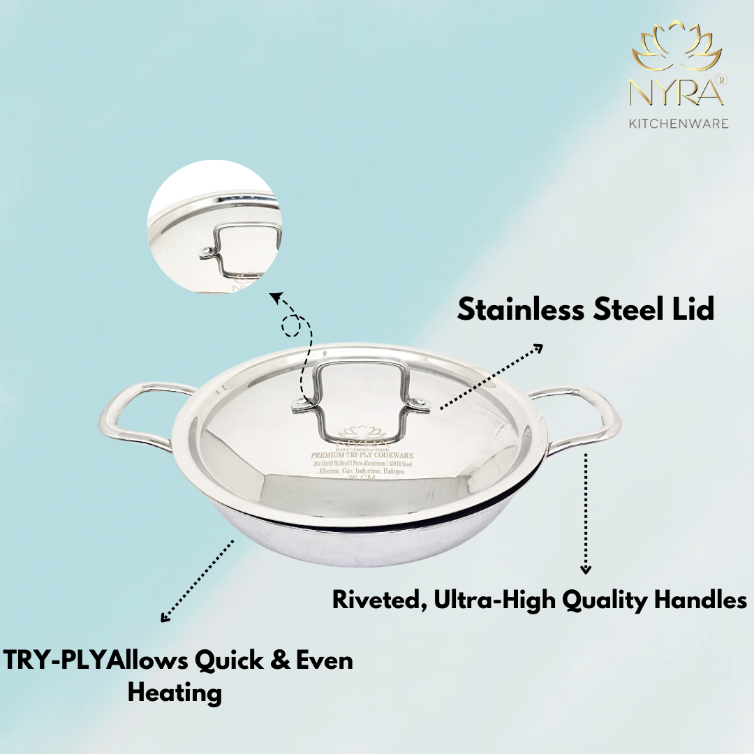 Triply Stainless Steel Kadai with Lid Set of 2pcs. | Heavy Bottom Induction Friendly Cookware Set