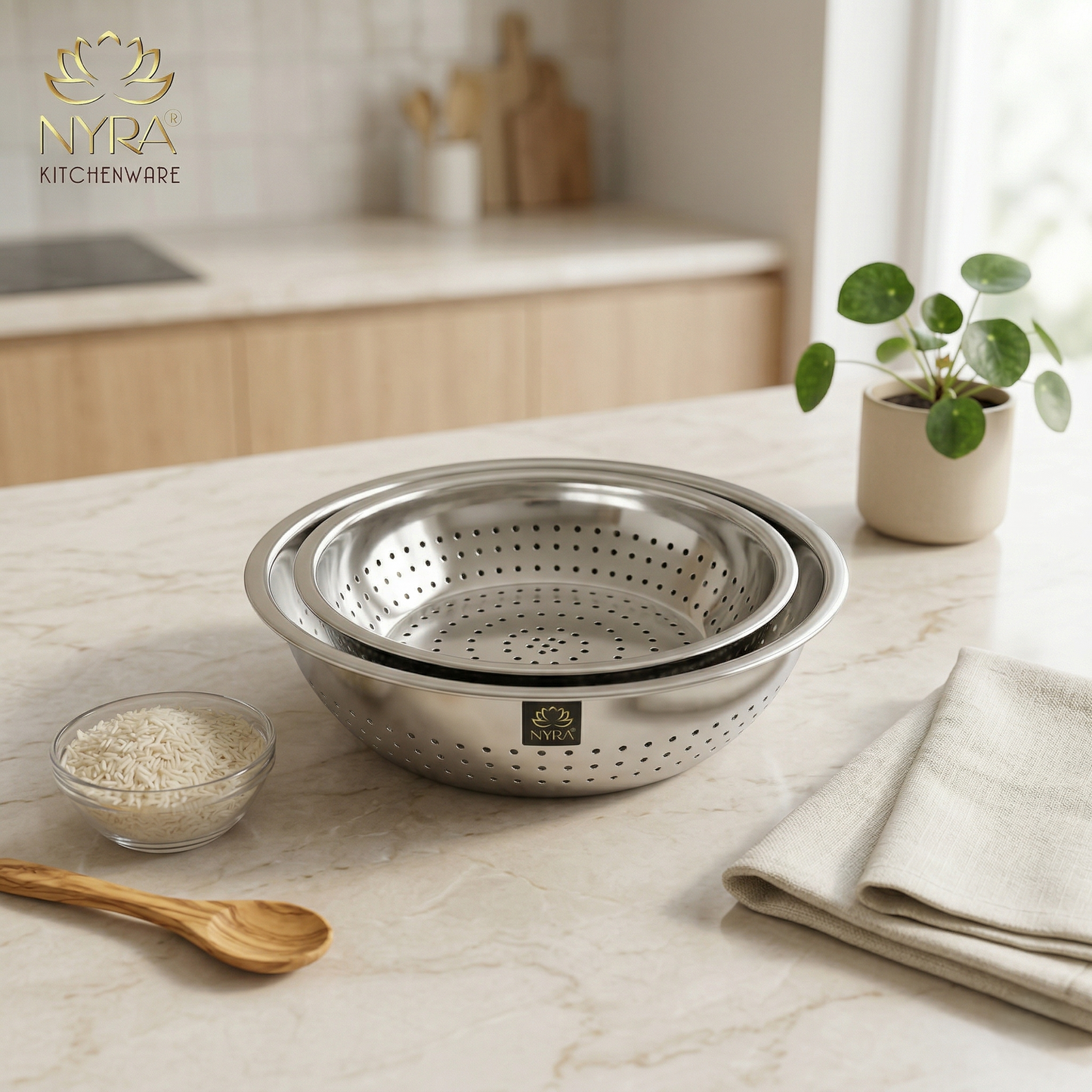 Stainless Steel Strainer/Rice/Chawal Chalni - Set of 3pcs.
