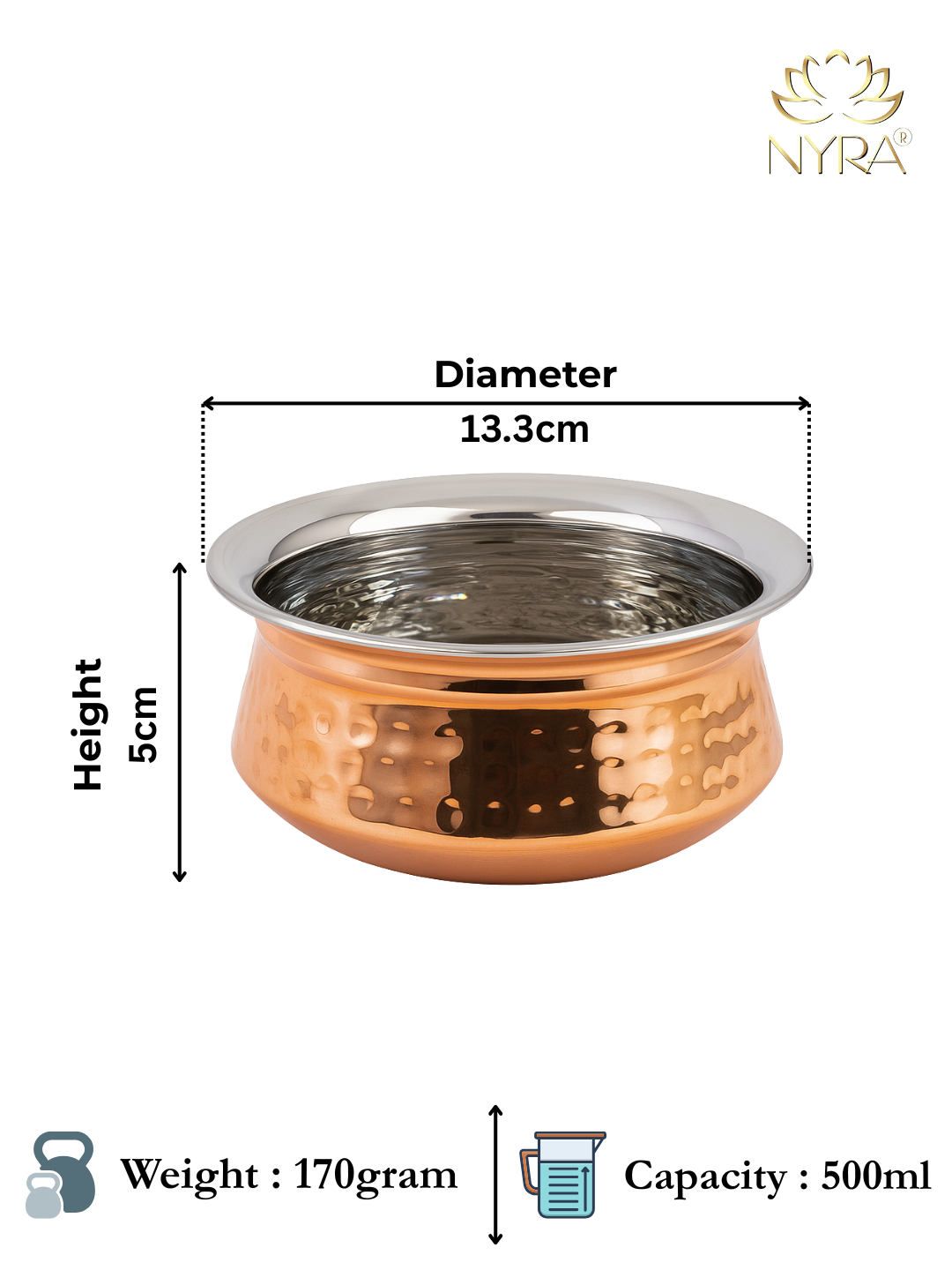 Copper container with measurements, weight, and capacity details on a white background