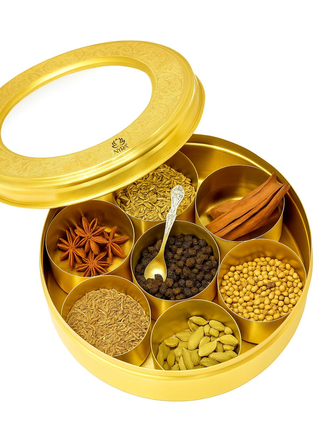 Brass Spice Box with see-through lid | Eco-Friendly & Handcrafted Masala Dabba with 7 Compartments - Traditional Kitchen Essential