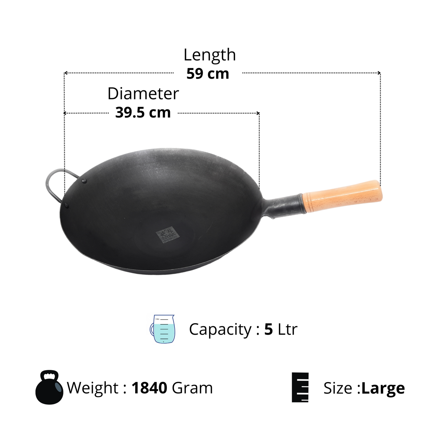 Dimensions of Large Loha Kadhai (Iron Wok) with Wooden Handle