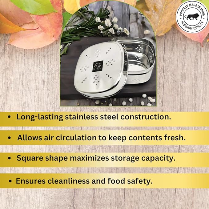 Features of Stainless Steel Square-shaped Coriander/ Multipurpose Storage Container with air ventilations