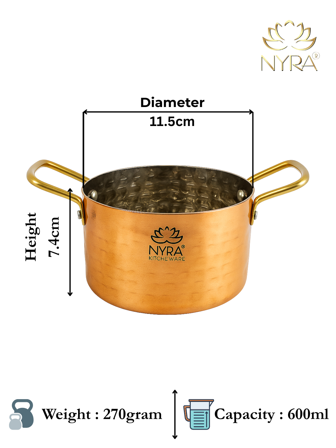 Copper pot with dimensions, weight, and capacity details on a white background, featuring the Nyra brand.