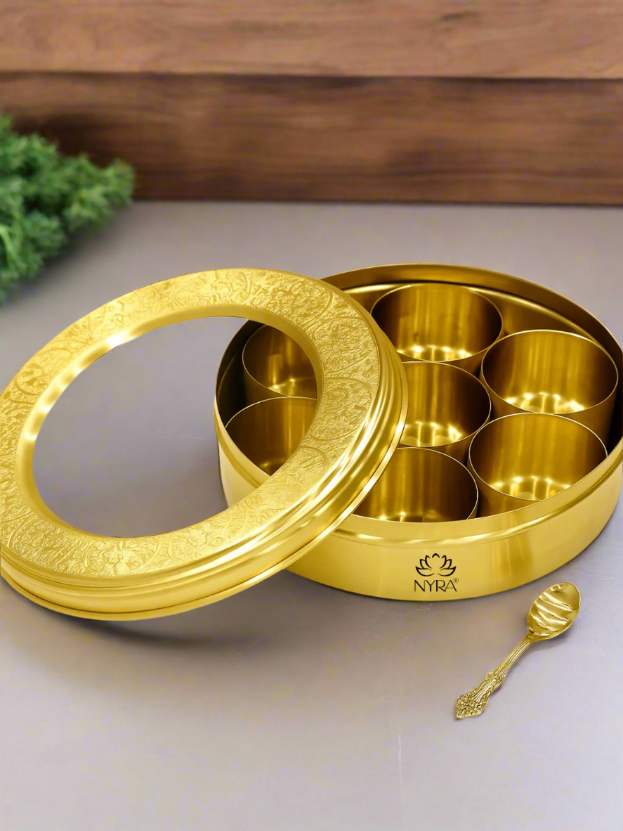 Brass Spice Box with see-through lid | Eco-Friendly & Handcrafted Masala Dabba with 7 Compartments - Traditional Kitchen Essential